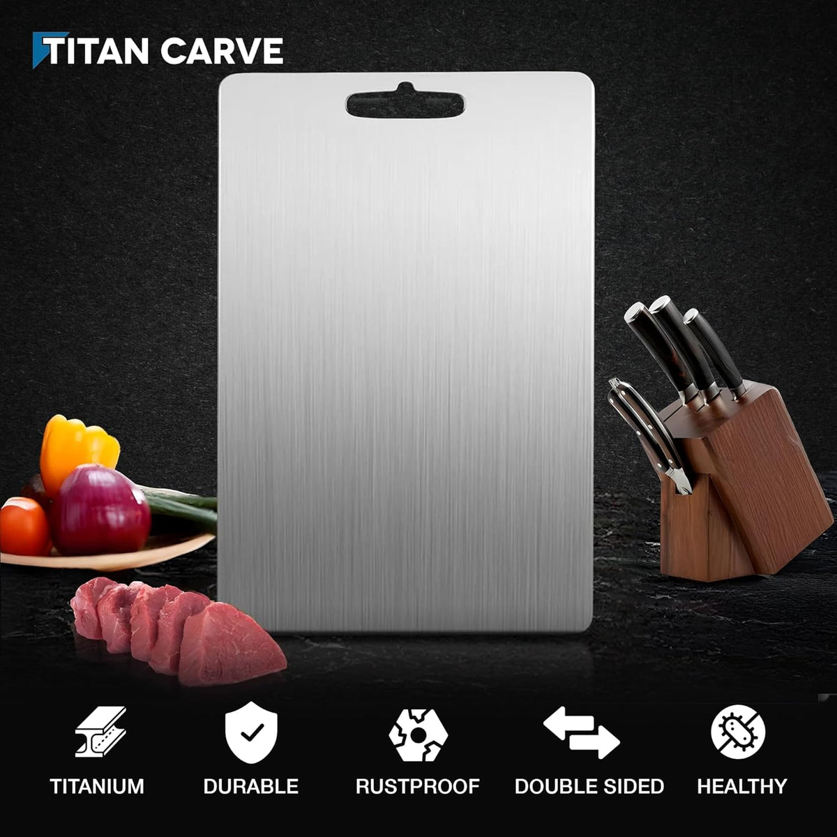 Titan Carve Titanium Cutting Board | Double-Sided Metal Titan Carve Cutting Board for Kitchen Chopping Board Dishwasher Safe, Rustproof & Durable for Meat & Vegetables | 13.4 x 9 Inches