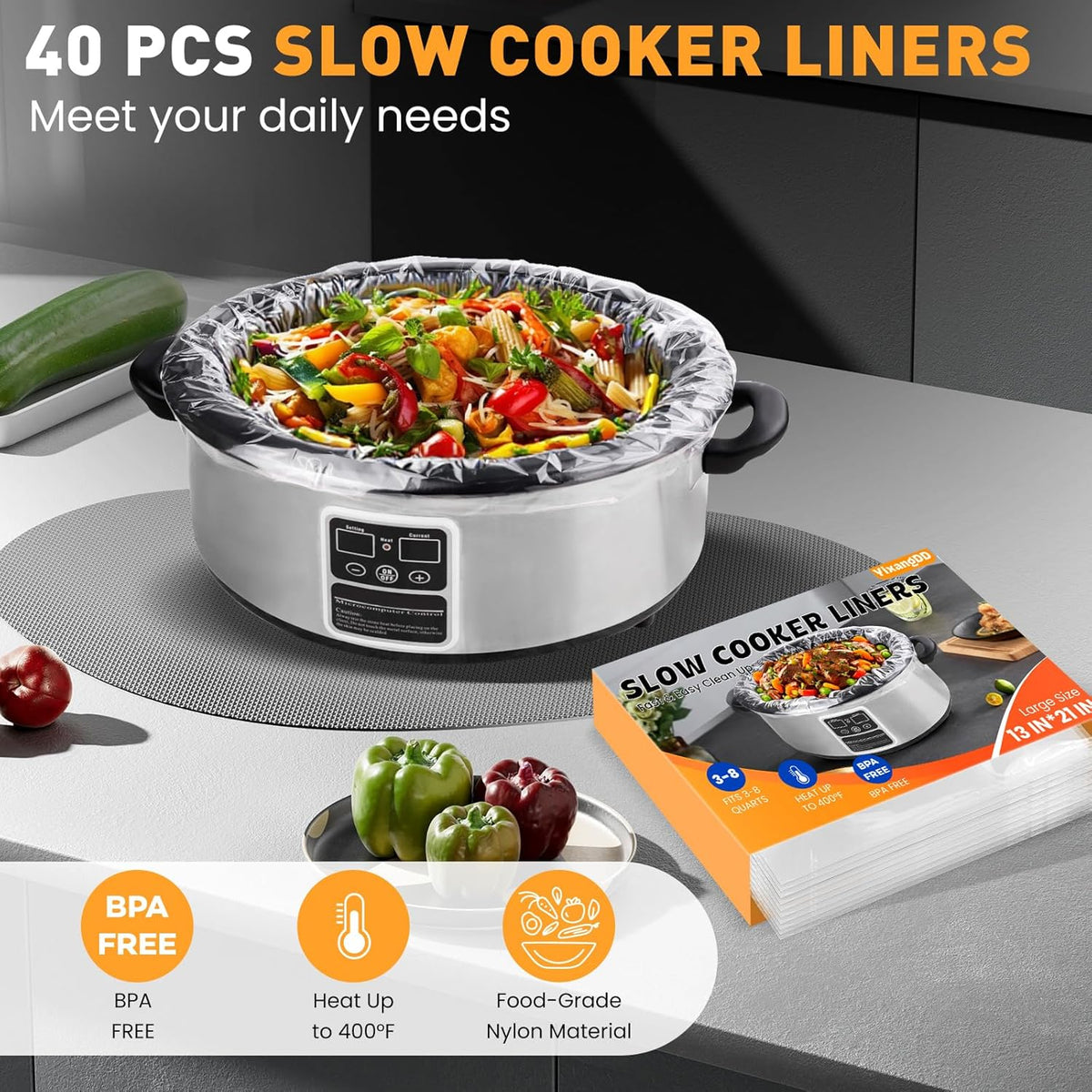 40 Pack Slow Cooker Liners, Large Size 13"x 21" Cooking Bags Disposable Pot Liners, Plastic Slow Cooker Bags Fits 3-8 Quarts, BPA Free, Suitable for Oval & Round Pot