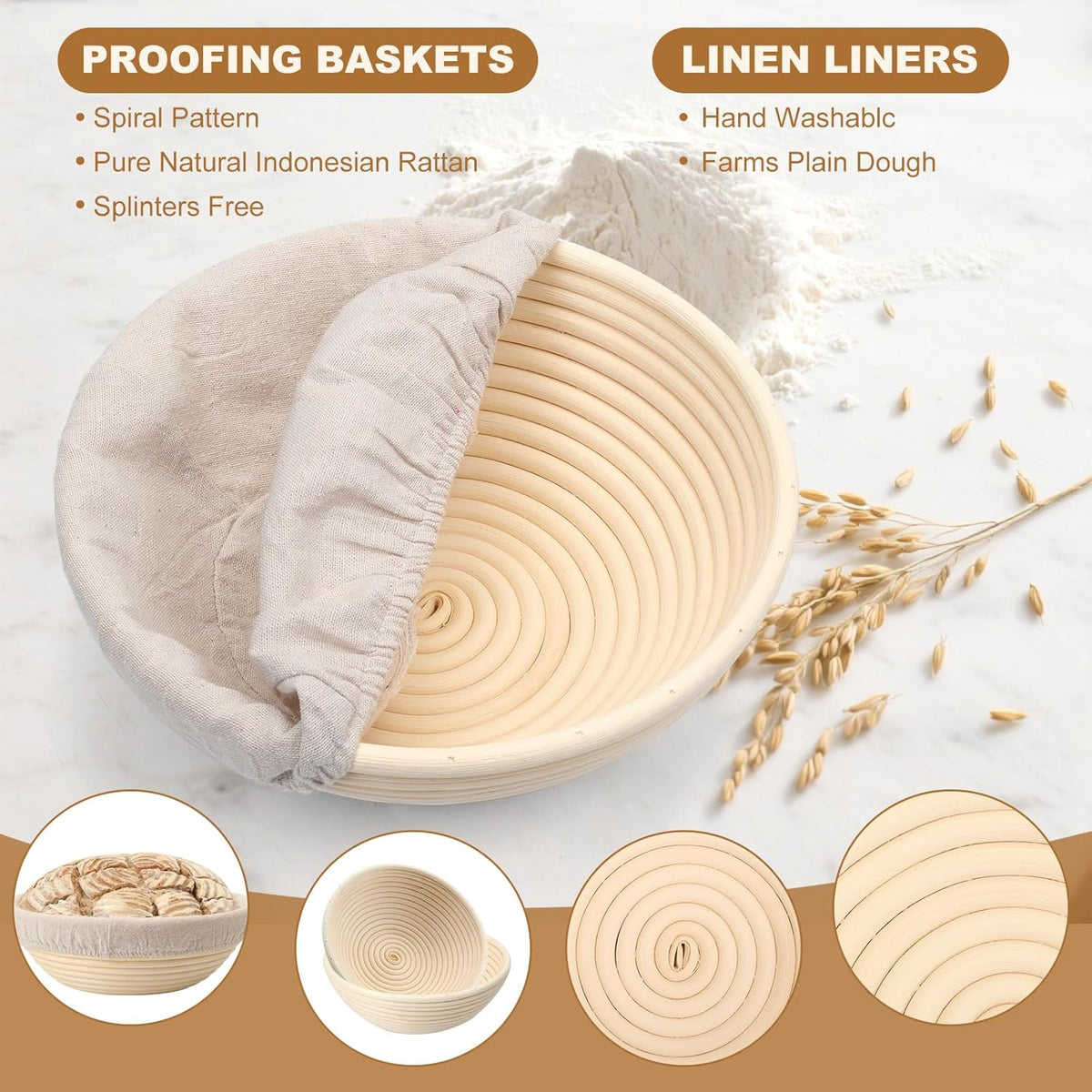 Banneton Bread Proofing Basket Set of 4PCS 9 Inch Round Sourdough Dough Proofing Bowls for Sour Dough Bread Baking Supplies, Proofing Basket or Home Sourdough Bakers Baking