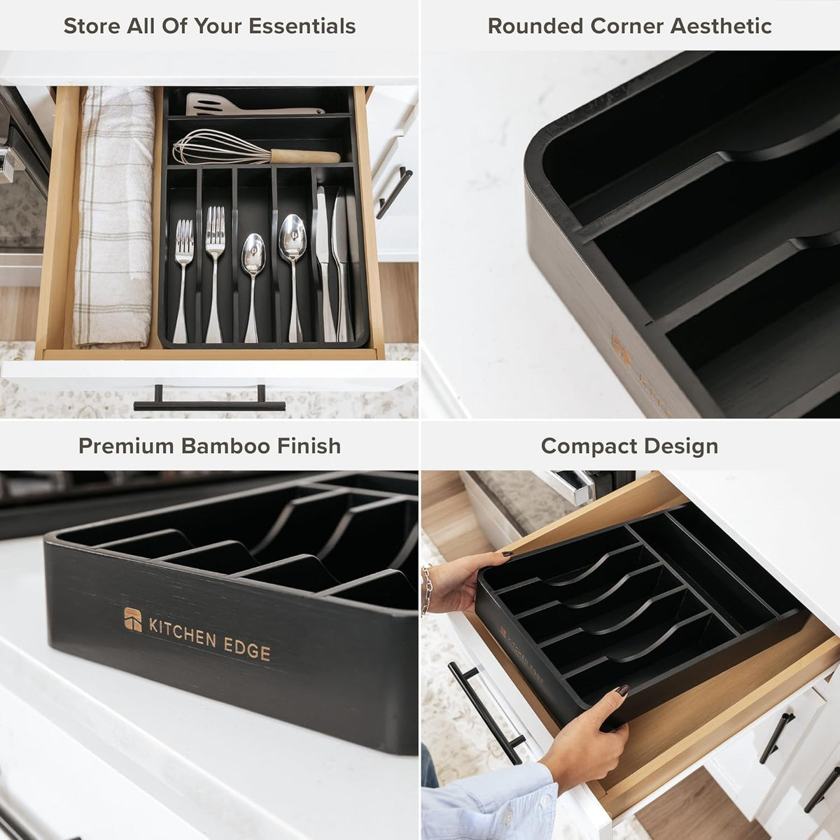KitchenEdge Silverware Organizer - Cutlery, Flatware, and Utensil Holder for Kitchen Drawers, Fixed 10.5” Width, 7 Storage Compartments, Non-Slip Feet, Rounded Corners, 100% Bamboo, Black Finish