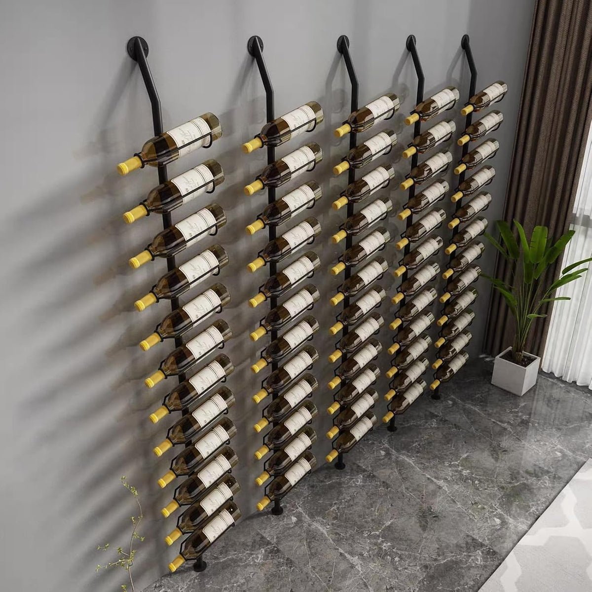 Wine Rack Wall Mounted, 72.8in High Metal Wine Bottle Holder for 12 Bottles, Kitchen Organization and Wine Storage for Commercial Restaurants Pantry Bar Wine Cellar (Black, Four rows-48 Bottles)