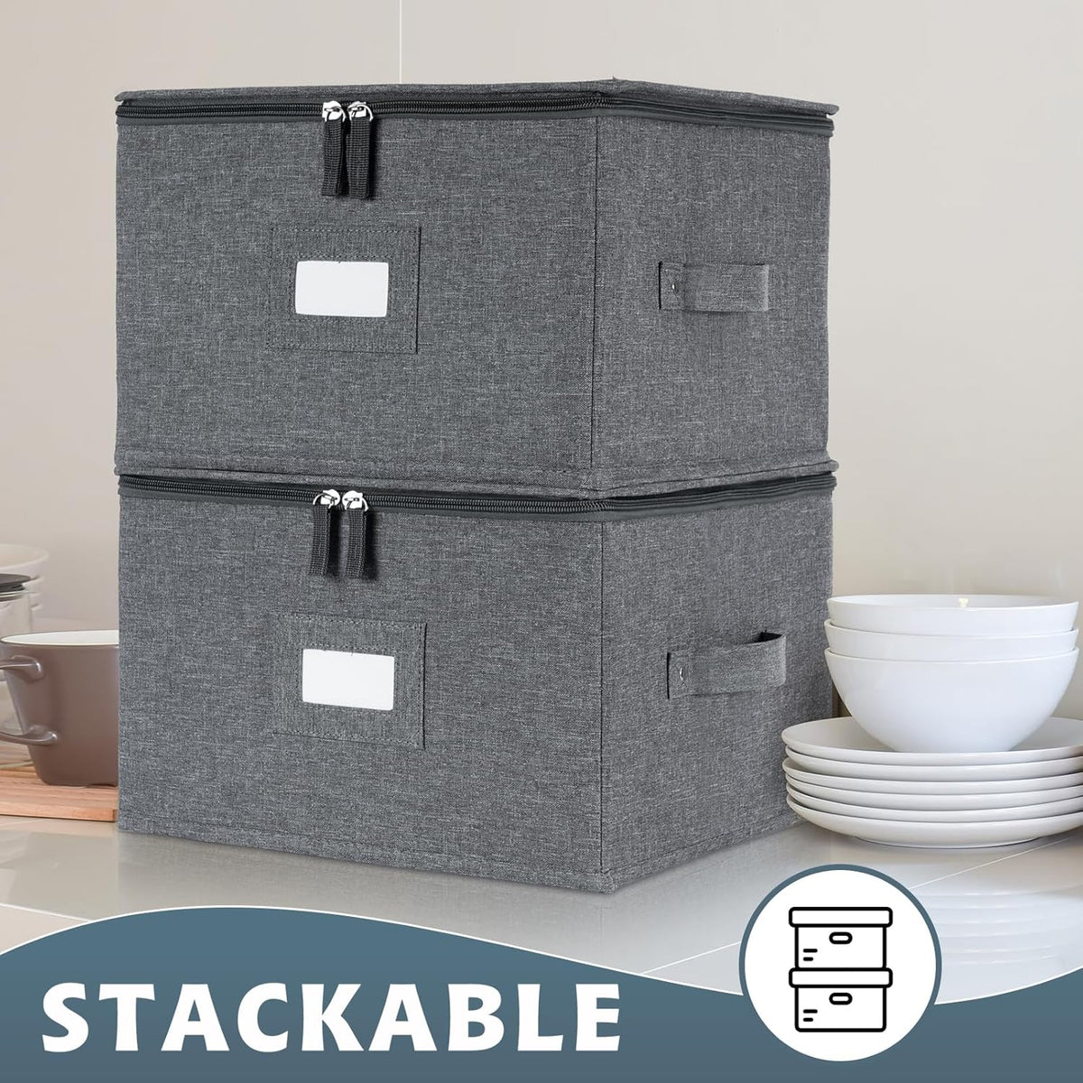 popoly China Storage Containers Inside 12" W x 8" H, Dinnerware Storage Box for Dishes Plate Storage with 24 Felt Dividers, Hold 24 Plates, Hard Shell and Stackable（4PACK