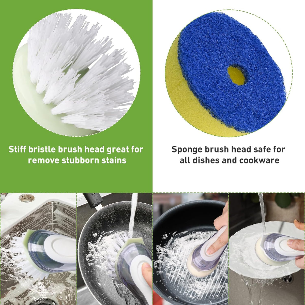 Soap Dispensing Dish Brush with 2 PCS Brush Refills, Dish Scrub Brush with Soap Dispenser, Dish Soap Brush for Dishes, Pans, Sink, Pots