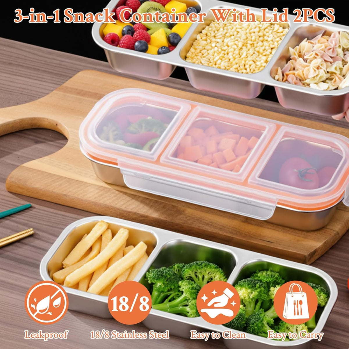 2 Pack Stainless Steel Snack Containers, 3 Compartment Snack boxes, Reusable Snack Containers with Lids for Adults - Leakproof Divided Metal Food Storage Bento Lunch Box for Work, Office, Travel