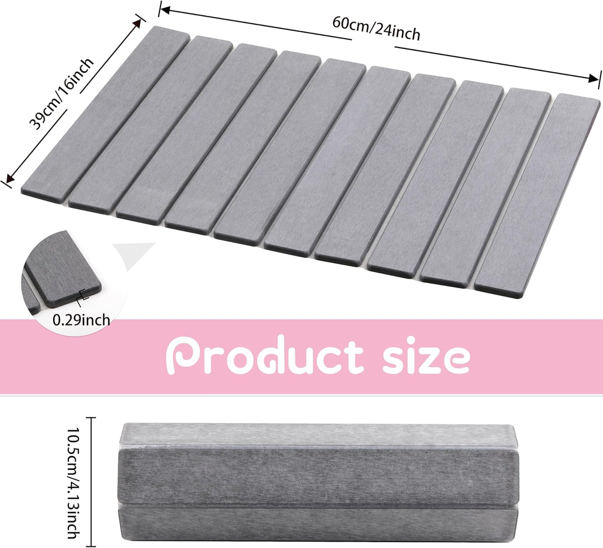 Quick Dry Collapsible Dish Drying Mat, Eco-Friendly Absorbent Diatomaceous Earth Mats for Dishes Bottles Cups 24"×16"Large Stone Dish Drying Mats for Kitchen Counter (Gray, 24"（L）×16"（W）)