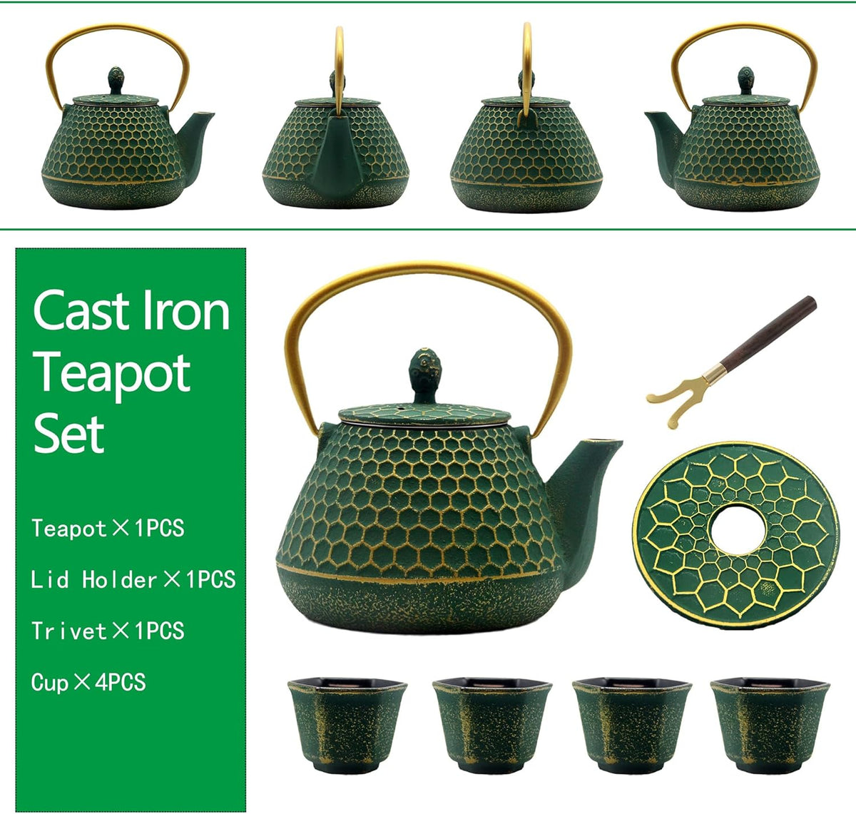 Cast Iron Tea Kettle Set, 33.8oz Hexagon Pattern Teapot Set with Cups, Teapot Coated with Enameled Interior, Durable Cast Iron Teapot Set with Stainless Steel Infuser