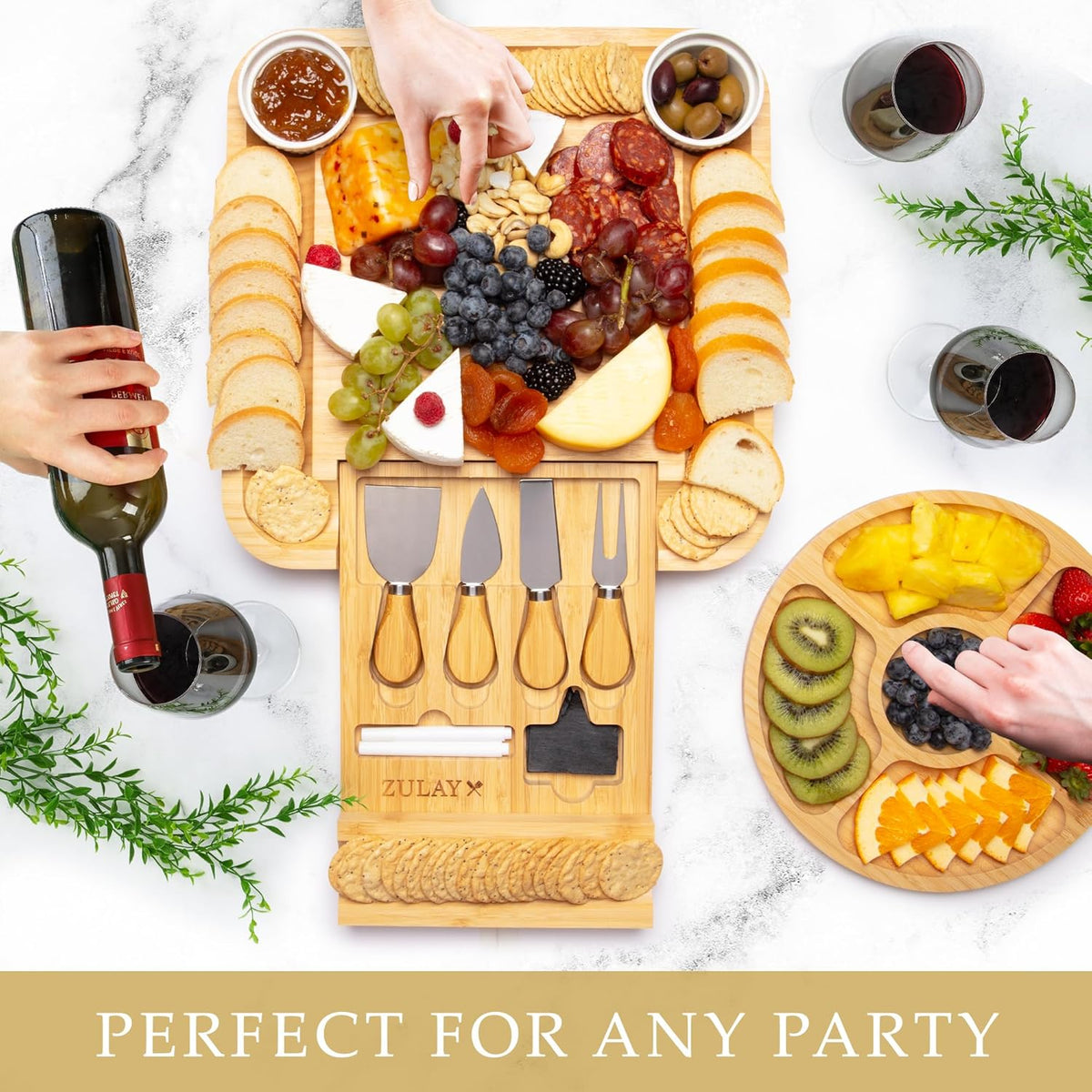 Zulay Kitchen Premium Bamboo Cheese Board Set - Extra Thick Bamboo Charcuterie Board Set with 4 Piece Knife Set - Wooden Cheese Board is Perfect for Charcuterie, Wine and Cheese (Party Set) - Icon