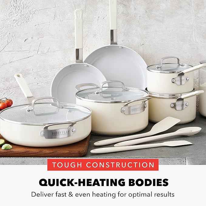 GreenPan x Bobby Flay 13 Piece Nonstick Cookware Pots and Pans Set, PFAS-Free Diamond Ceramic, Induction Suitable, Easy Clean Dishwasher & Oven Safe, Stay-Cool Silicone Handles, Glass Lids, Cream