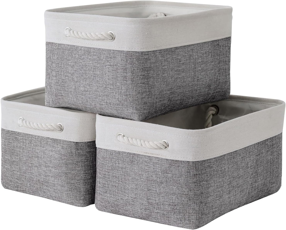 TheWarmHome Storage Bins for Shelves - 13.8L×9.8W×6.7H inch 3 Pack Medium Collapsible Storage Baskets for Organizing | Fabric Storage Cubes for Linen Closet Toy Home (White&Grey)