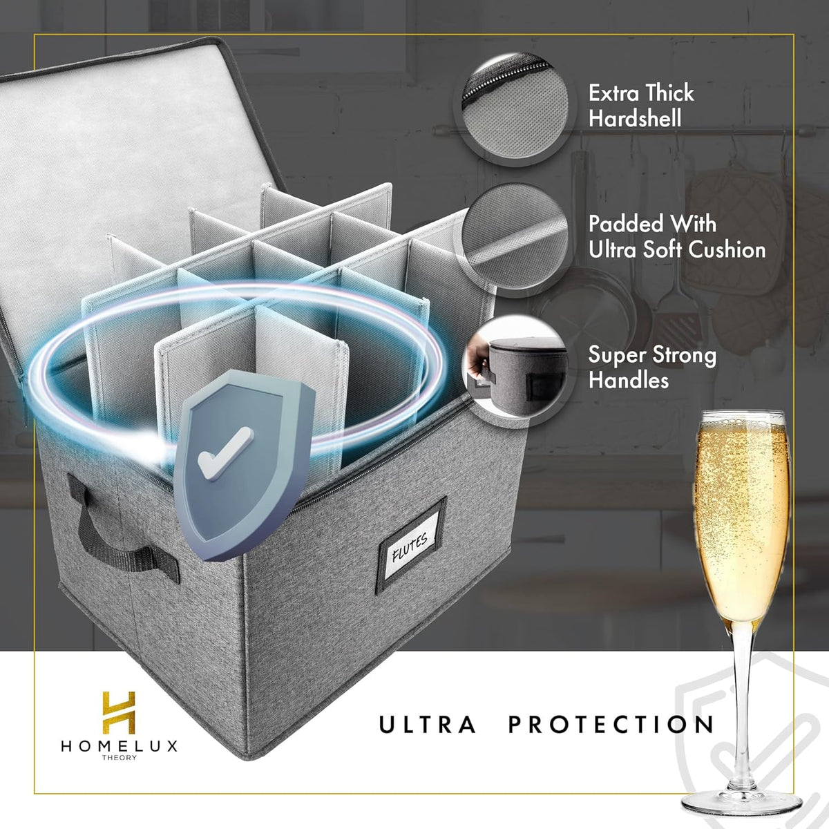 HOMELUX THEORY Champagne Flute Storage Box, Ivory Hard Shell China Storage Containers, Kitchen Storage Bins With Lids, Heavy Duty Moving Box for Glasses & Stemware, Glassware & Wine Glass