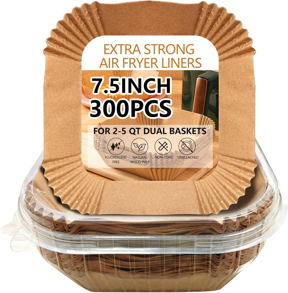 UBeesize 7.5 Inch Air Fryer Paper Liners,300 PCS Parchment Paper, Air Fryer Disposable Paper Liners for Microwave, Non-Stick Sheets Square Free of Bleach（Bottom size 6.3 Inch）
