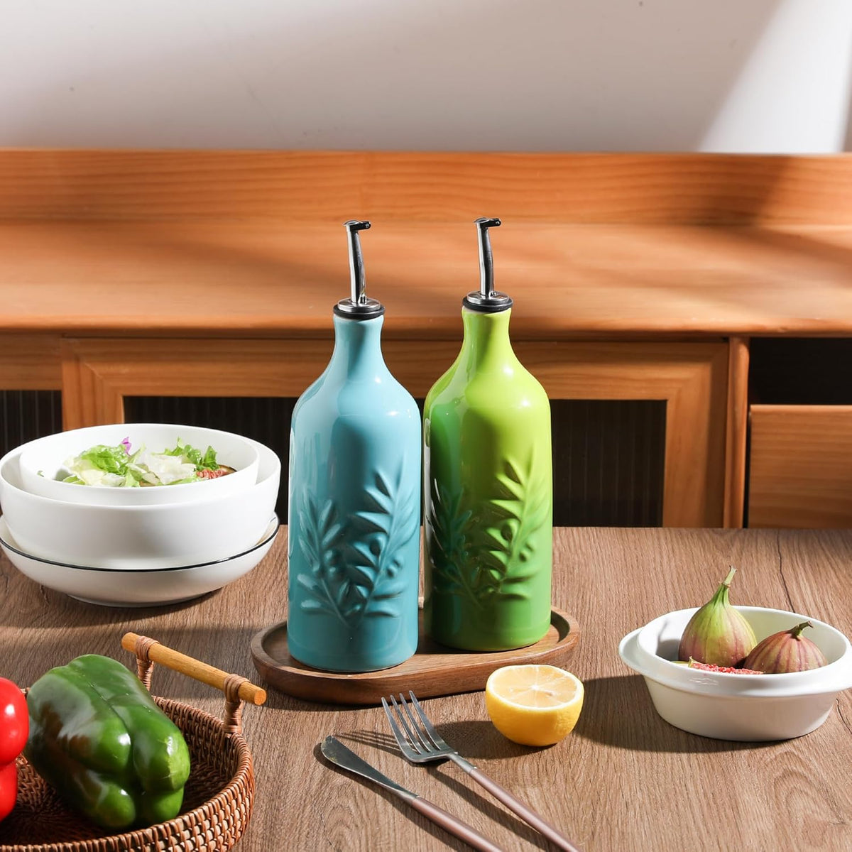Sweejar Ceramic Olive Oil Dispenser Bottle, 20 Oz Relief Opaque Oil Cruet Protects To Reduce Oxidation, Suitable for Storage, Vinegar, Soy Sauce,Liquids,Set of 2 (Gradient Blue Gradient Green)