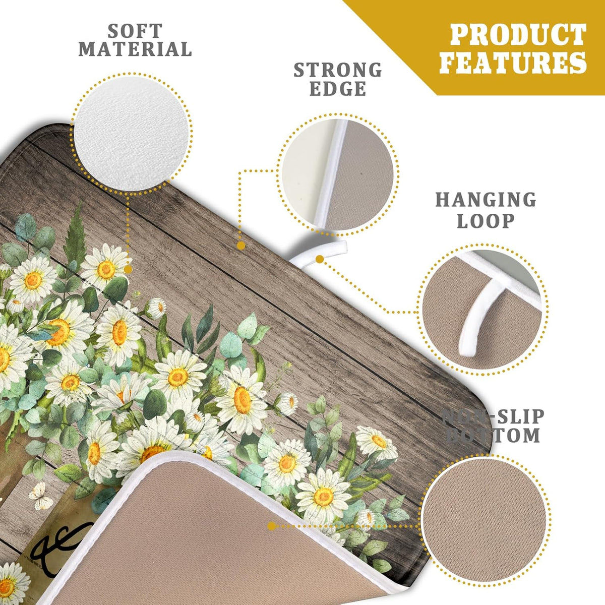 Flower Vase Dish Drying Mats 16x18 Inch Rustic Wood Reversible Microfiber Kitchen Countertop Protector Fast Dry Dish Drainer Rack Pad