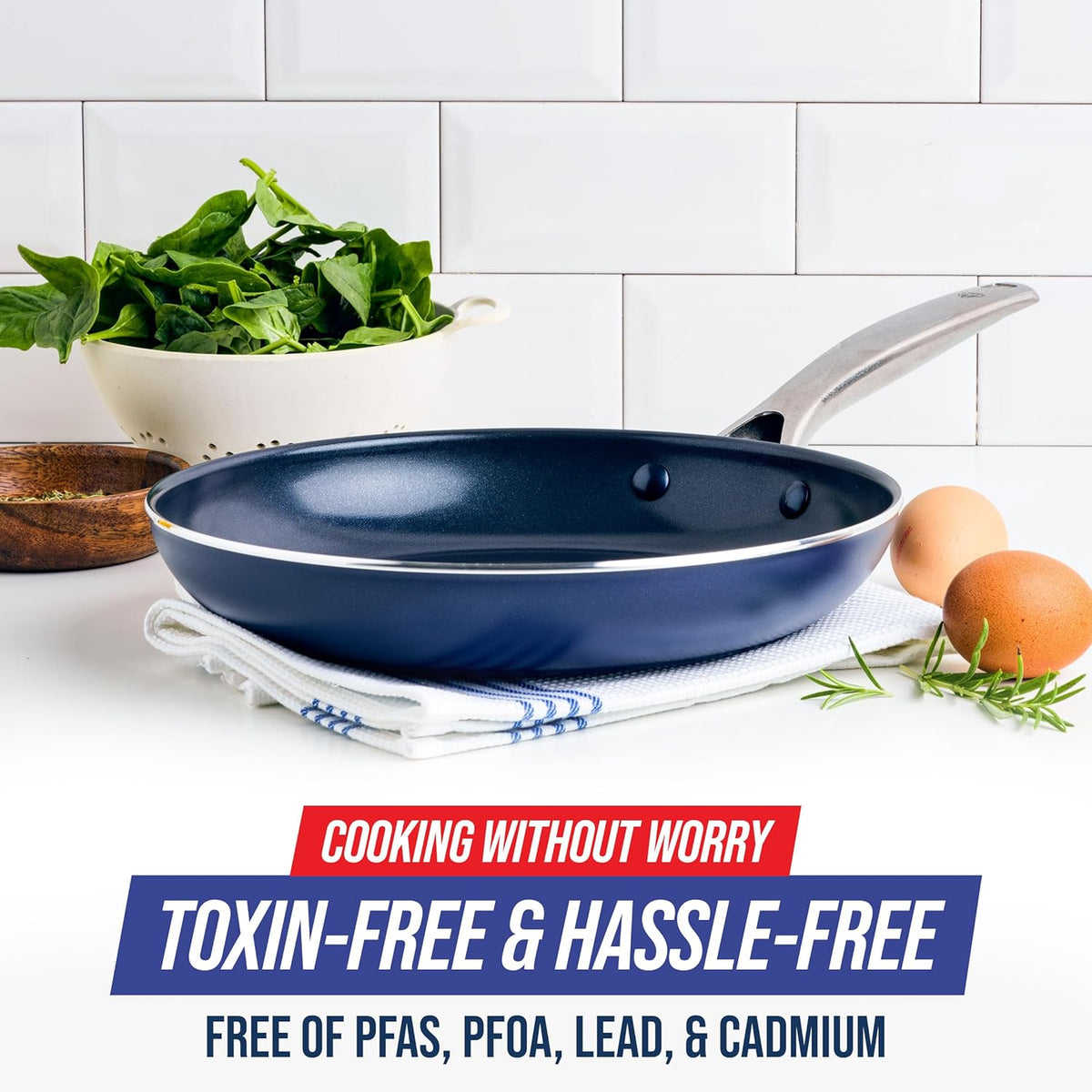 Blue Diamond 10" Nonstick Frying Pan Skillet, Diamond Infused PFAS & PTFE-Free Ceramic Pot, Dishwasher & Oven Safe, Stay Cool Handle, Durable Non Toxic Metal Utensil Safe, Egg & Omelet Pan, Blue