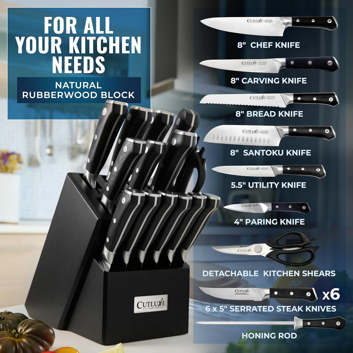 Cutluxe 15-Piece Knife Set – Premium Black Wood Block – Knife Set for Kitchen, Ultra Sharp High Carbon German Stainless Steel, Full Tang – Artisan Series