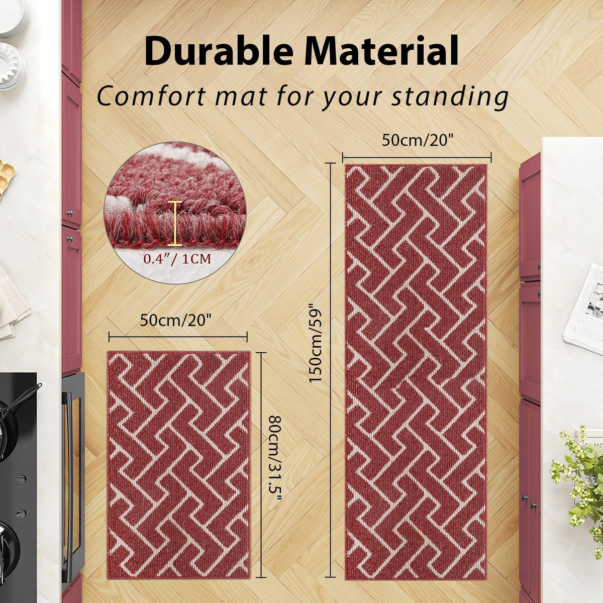 hicorfe Kitchen Rugs and Mats Sets,Non-Slip 2 Pieces Absorbent 100% Polypropylene Rug,Comfort Kitchen Runner Mat,Washable for Kitchen,Sink,Laundry(20" x 31.5" Plus 20" x 59",Red)