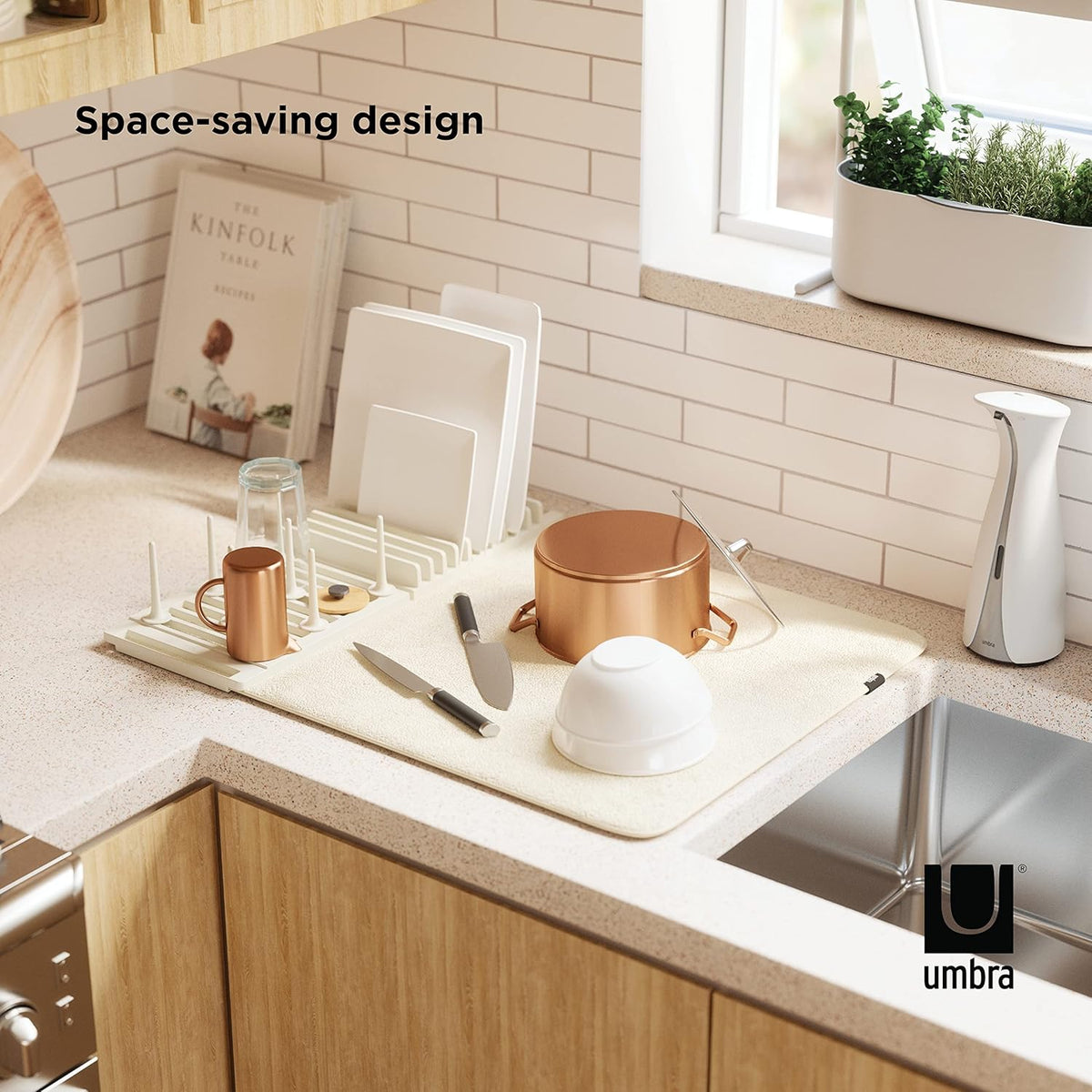 Umbra Udry Rack and Microfiber Dish Drying Mat-Space-Saving Lightweight Design Folds Up for Easy Storage, Standard, Linen