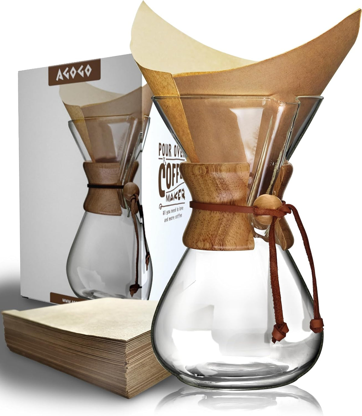 AGOGO Pour Over Coffee Maker Set Glass Coffee Maker with 50pcs Filter Paper -for Home, Office, Camping, Cafes - Easy Clean Coffee Dripper Set (Rag&Brush Included) (8 Cup/28 oz)