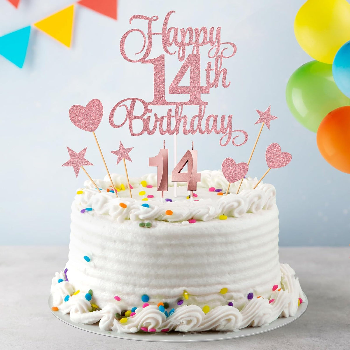 14th Birthday Cake Decorations, 14th Birthday Candles Cake Numeral Candles and Glitter Happy 14th Birthday Cake Toppers Set for Birthday Party Supplies (Rose Gold)