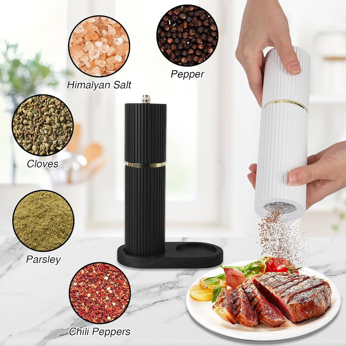 Wooden Salt and Pepper Grinder Set with Gold Accents, Refillable Salt and Pepper grinder with adjustable Coarseness, Pepper Mill Manual,Salt and Pepper Shakers With Tray-Ideal for Gifting