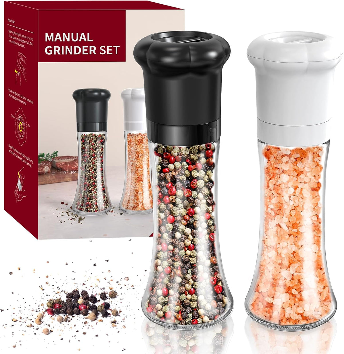 CIRCLE JOY Manual Salt and Pepper Grinder Set For Professional Chef, Refillable Salt and Pepper Shakers with Ceramic Blades, Adjustable Coarseness and BPA-free 180ml Glass Container, Tall Black White