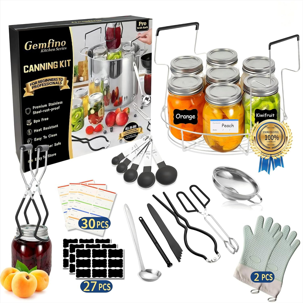 Canning Supplies Starter Kit,Canning Kit for Beginners of 12 with Rack，Silicone Oven Gloves，Jar Lifter，Funnel,Wrench,Tongs,Lid Lifter,Bubble Popper,Labels,ladle,Measuring spoon-G12-Black