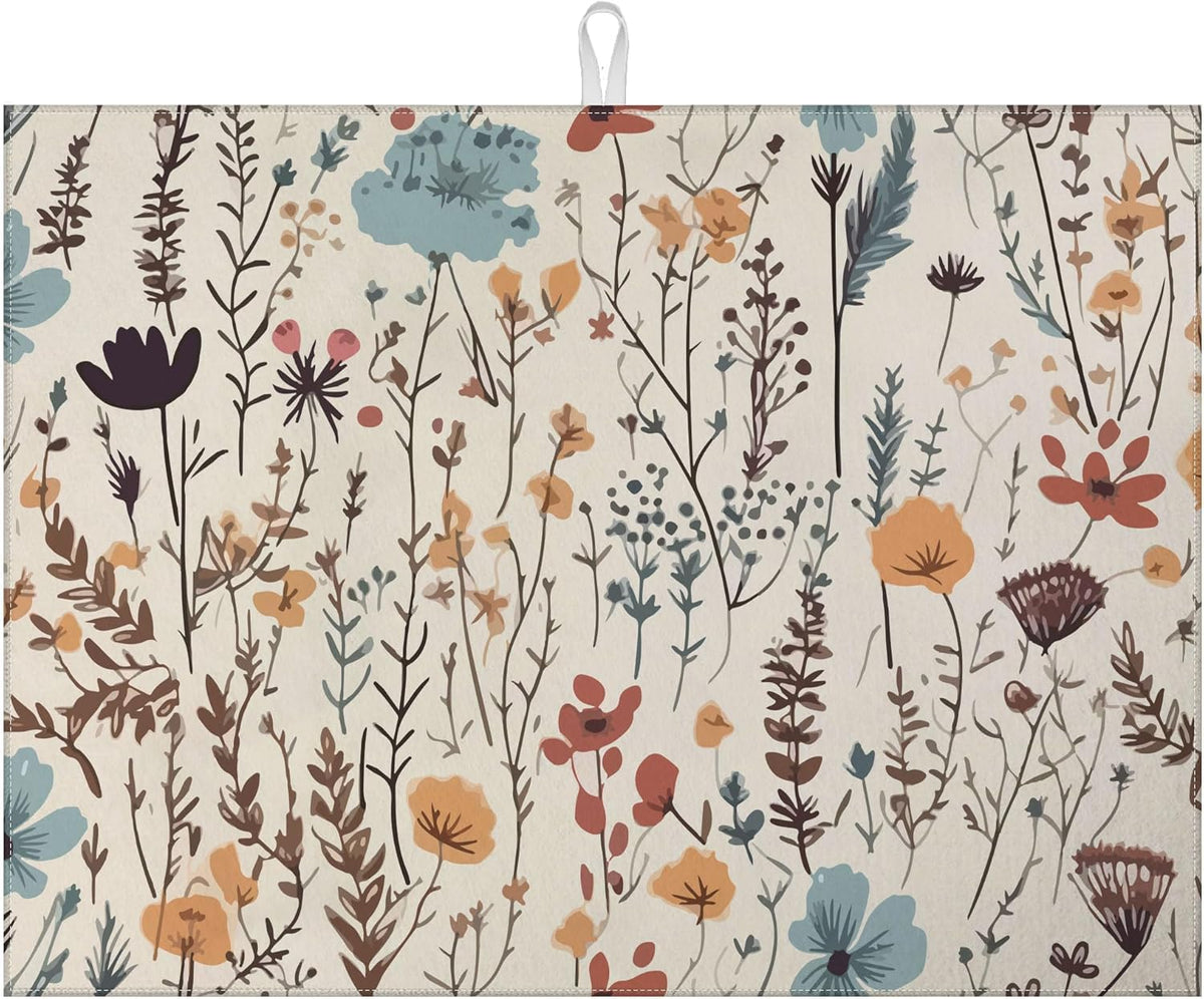 Vintage Floral Dish Drying Mat for Kitchen Counter Microfiber Absorbent Dish Kitchen Drying Mat Draining Reusable Washable for Dishes/Utensils/Counterto