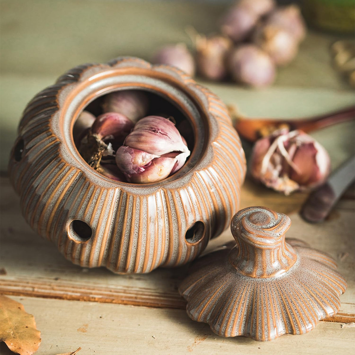 Ceramic Garlic Keeper with Lid and Holes Garlic Saver and Storage Framhouse Decor Keep Gralic Cloves Dry and Fresh, Grey