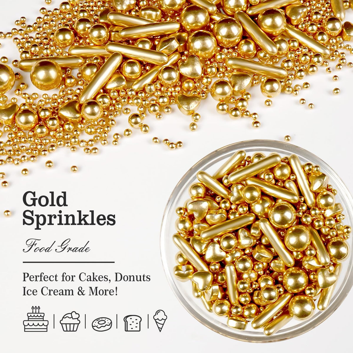 Gold Pearl Heart Sprinkles, Pearls Sprinkles For Cake Decorating, 150g/5.29oz Mix Size Sugar, Donuts, Cakes, Ice Cream, Mother's Day, Valentine's Day, Wedding Party, Christmas Supplies