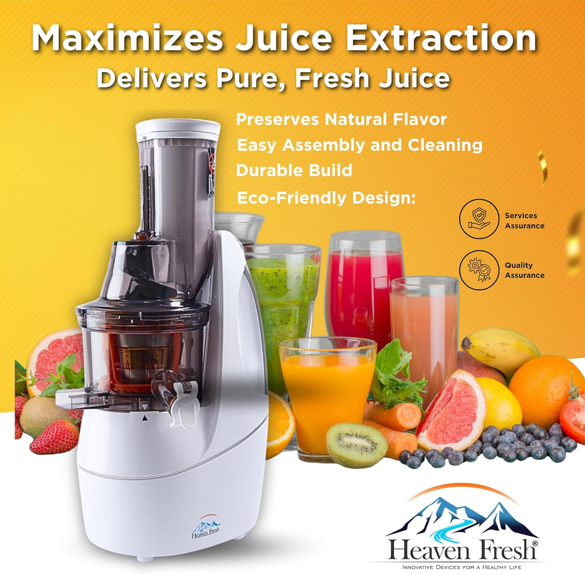 Cold Press Slow Masticating Juicer, Ultra-Quiet 240W Motor, Maximized Juice Yield, Included Frozen Dessert Strainer, Drip-Free Cap - White