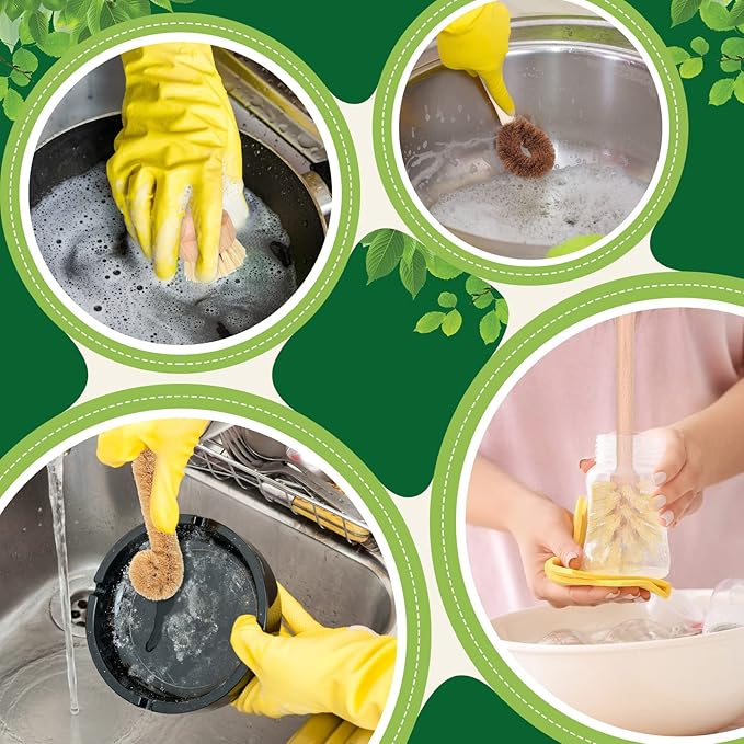 8 Pcs Bamboo Dish Brush Dish Washing Scrub Bottle Brush Wooden Palm Pot Brush Cleaning Scrubbers with Natural Sisal Bristles Long Handle for Pots Pans, Bottle, Sink, Vegetables, Household Cleaning