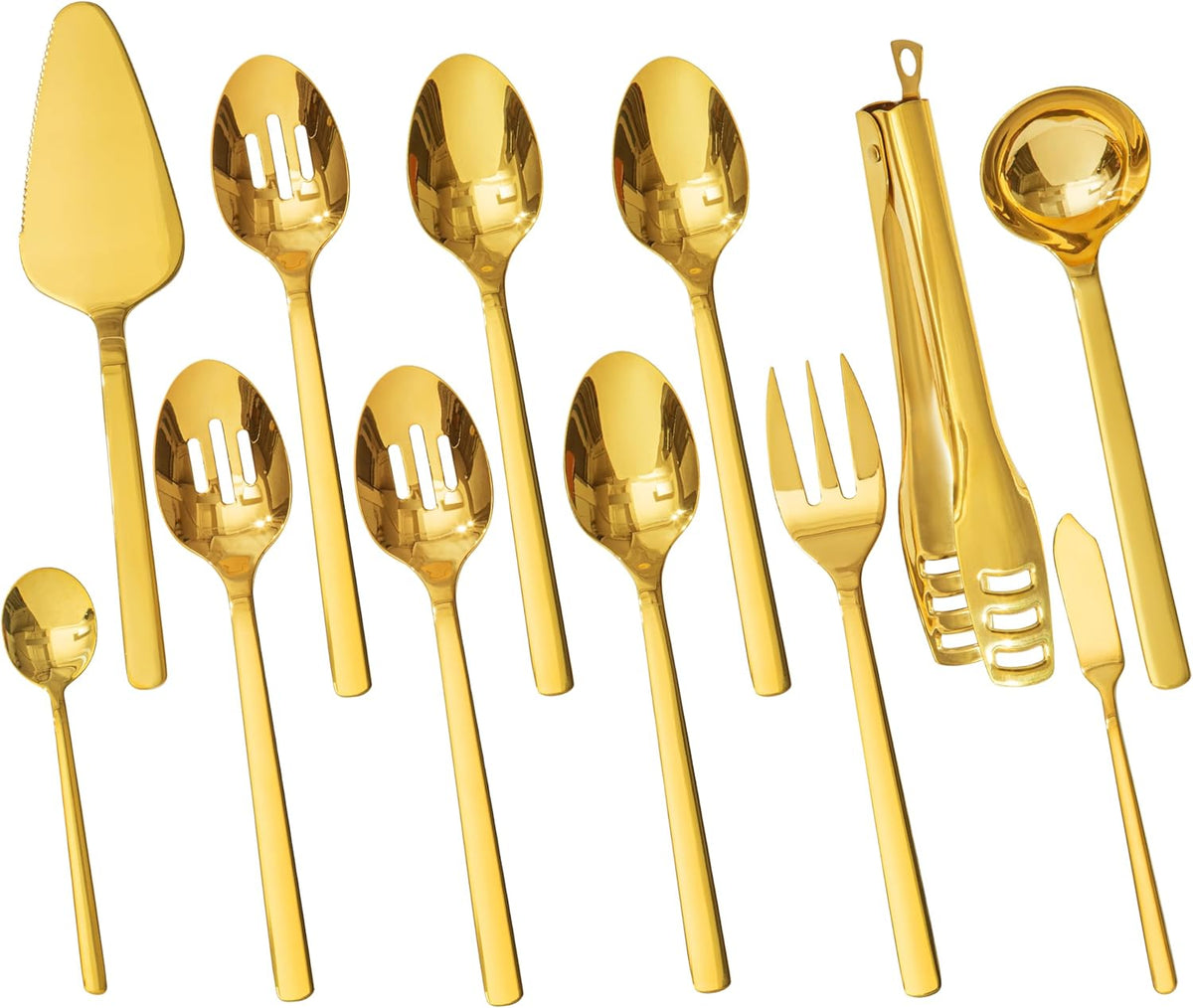 KINGSTONE Large Hostess Serving Utensils Set, 18/10 Stainless Steel -10 inch Serving Spoons, Slotted Spoons, Forks, Tongs, Cake Pie Server, Butter Knife, Sugar spoon for Buffet, Wedding, Party, Gold