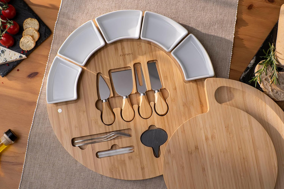 Charcuterie Cheese Board and Platter Set - Made from Bamboo Wood - US Patented 16 inch Cheese Cutting Board and Knife for Entertaining and Serving - 4 Knives - 5 Bowls - 2 Cheese Markers - 4 Forks