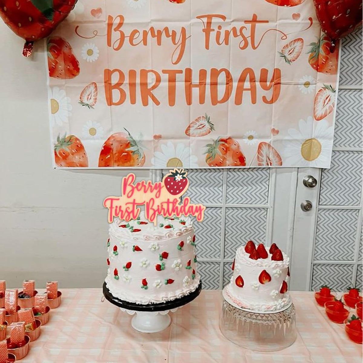 Berry First Birthday Cake Topper - Strawberry Cake Topper, Sweet One Birthday Cake Decoration for 1st Birthday Party, Anniversary, Baby Shower, Photo Booth Props, Cake Smash…