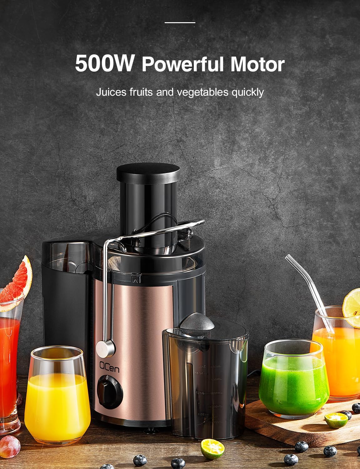 QCen Juicer Machine, 500W Centrifugal Juicer Extractor with Wide Mouth 3” Feed Chute for Fruit Vegetable, Easy to Clean, Stainless Steel, BPA-free (Rose Gold)