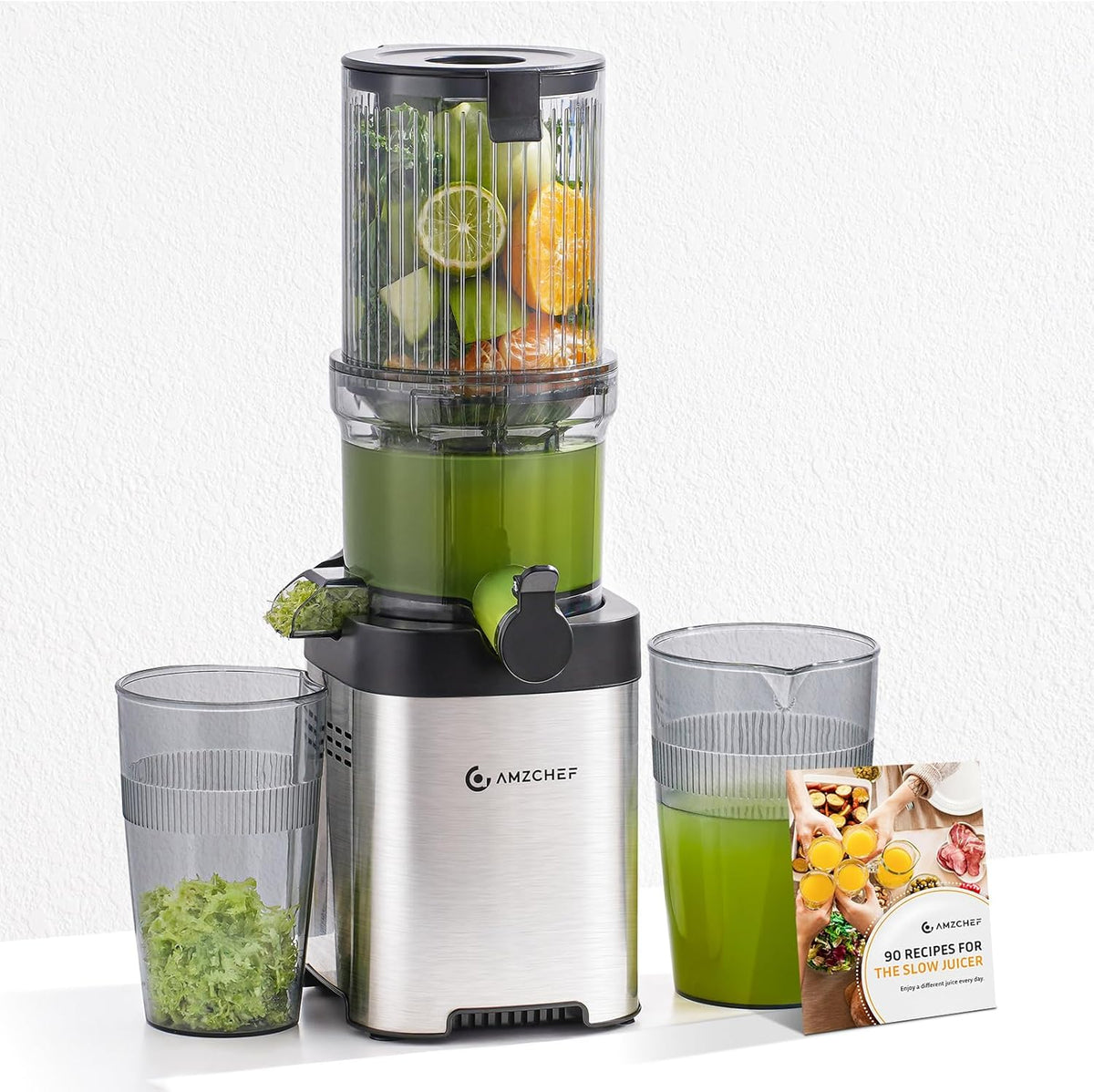 AMZCHEF Cold Press Juicer, Juicer Machines - 4.6" Large Feed Chute for Whole Fruits & Vegetables, Stainless Steel Slow Masticating Juicer Easy to Clean, Large Auger, Double Strainers, Silver