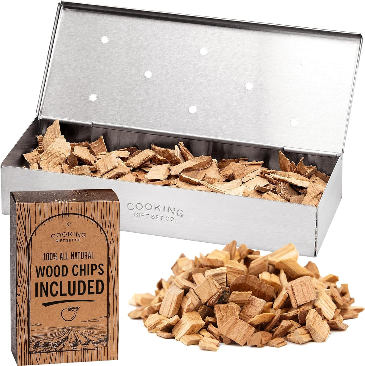 BBQ Smoker Box Kit – Stainless Steel Smoker with Hinged Lid, Apple Wood Chips, Hickory Salt – Grilling Accessories and Grilling Gifts for Men – Great Birthday Gifts for Men Who Love to BBQ