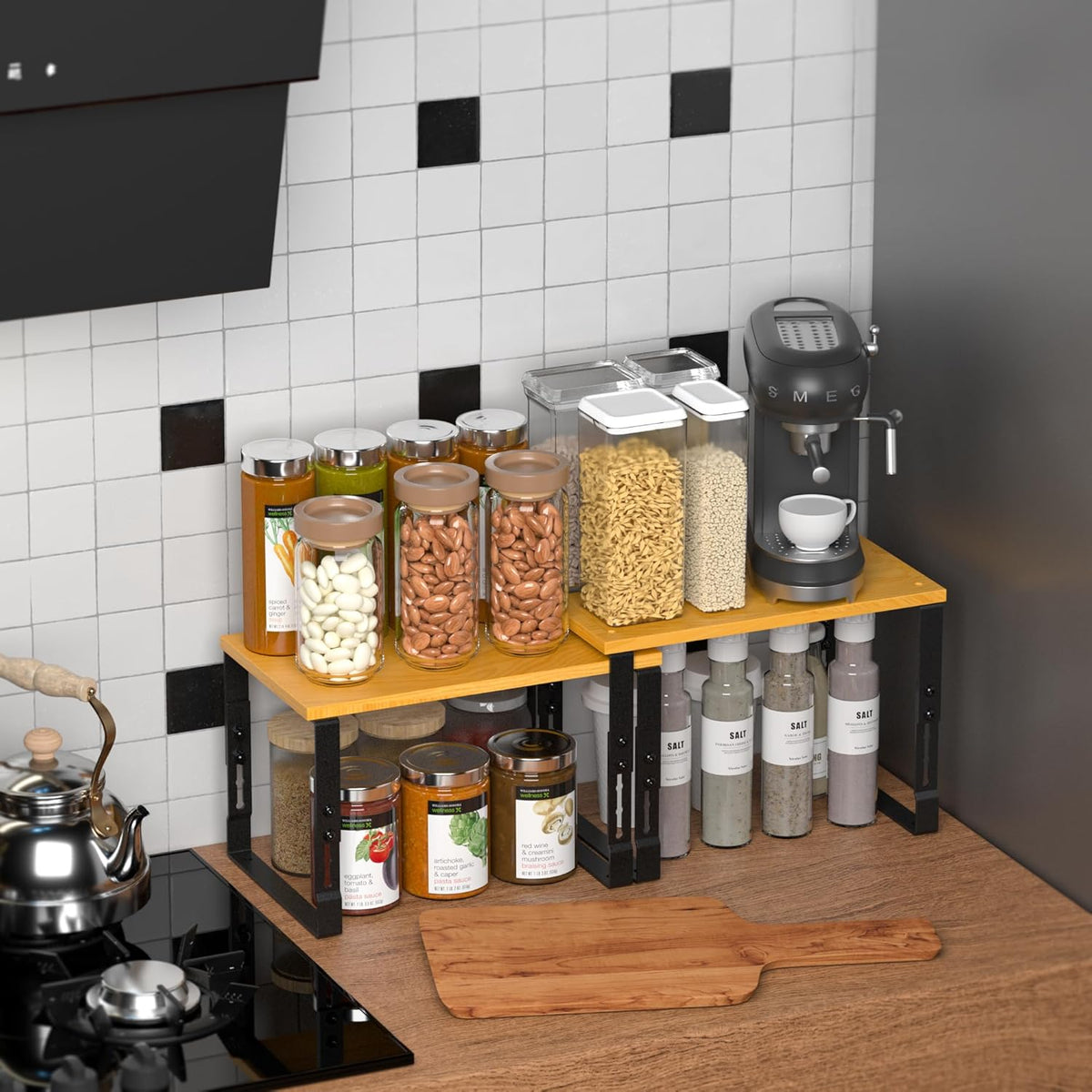 Expandable Kitchen Cabinet Organizer Shelves – Stackable Adjustable Metal and Wood Storage Racks for Countertop, Pantry, Garage Set of 2 Spice Rack – Easy Assembly, Space-Saving(2 Packs/Large/Black)