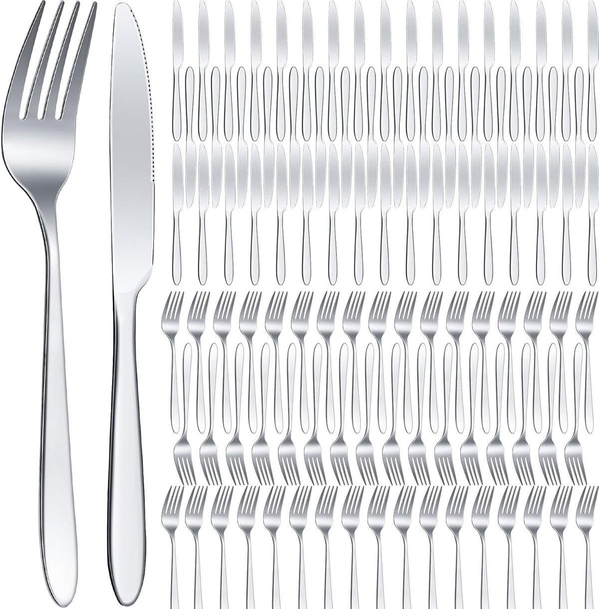Nuenen 100 Pieces Stainless Steel forks and knives Dinner Flatware Set Tableware Cutlery for Butter Kitchen Restaurant, Dishwasher Safe(Silver,8.4 Inches, 7.1 Inches)
