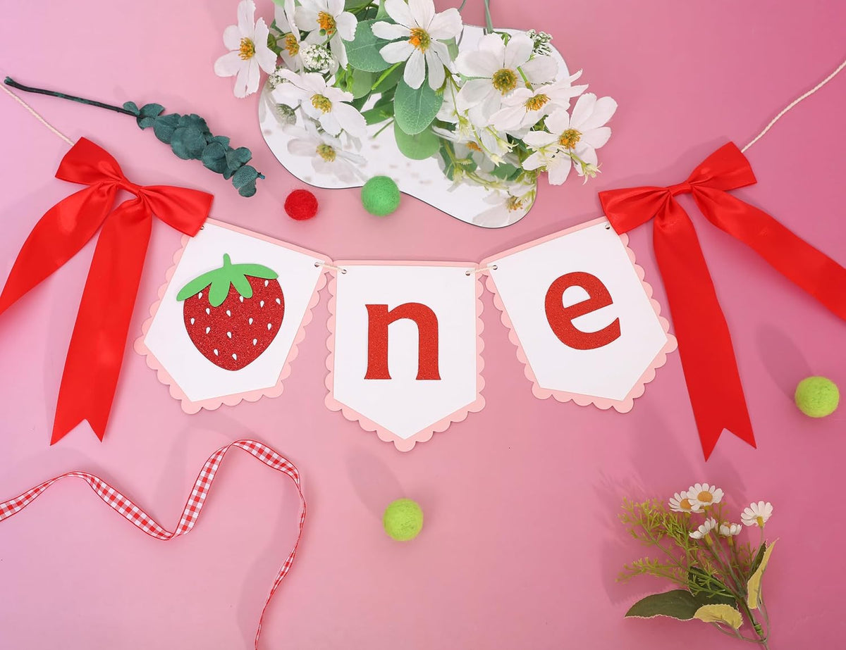 Strawberry First Birthday High Chair Banner - Strawberry Berry One 1st Birthday Highchair,Fruit Themed 1st Party Decorations,Sweet One Highchair Banner (Strawberry one banner)