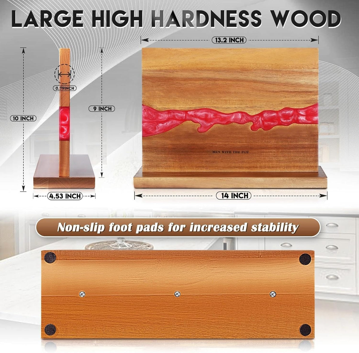 MEN WITH THE POT 13 x 10 Inches Magnetic Knife Block, Double Sided Powerful Wood & Red Flow Pattern Magnetic Kitchen Knife Holder Stand, Knife Storage Organizer for Kitchen Counter (Without Knives)
