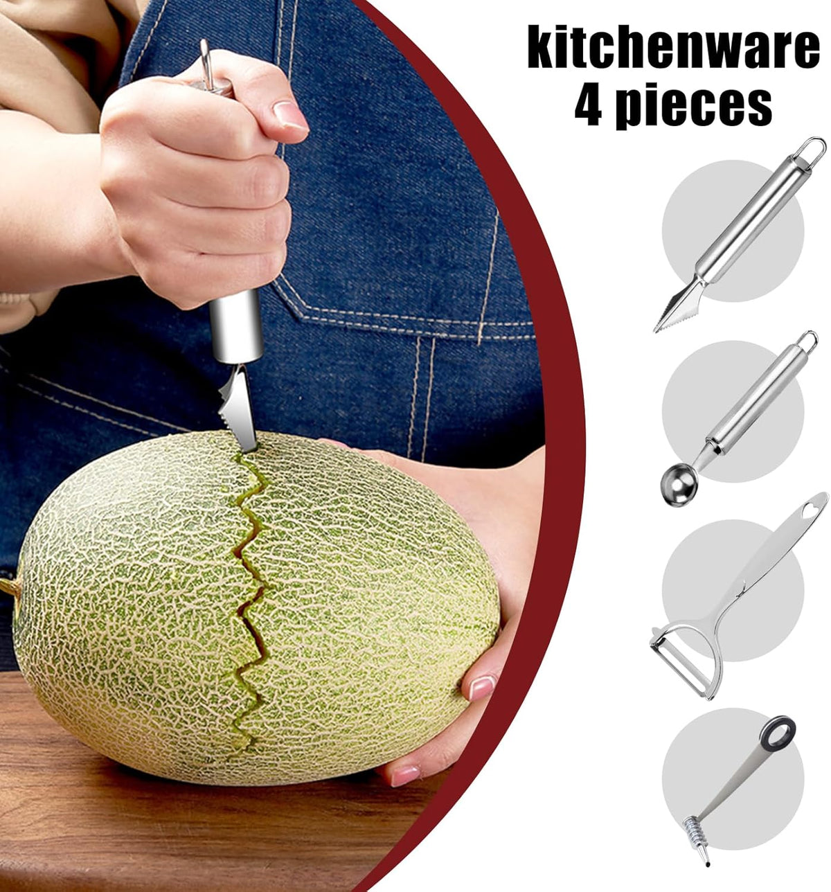 4-Piece Kitchen Spiral And V-Shaped Tools, vegetable peeler,crinkle cutter knife, Multifunctional Kitchen Set, Stainless Steel Manual Kitchen Tools for Creative Food Decoration（silvery）