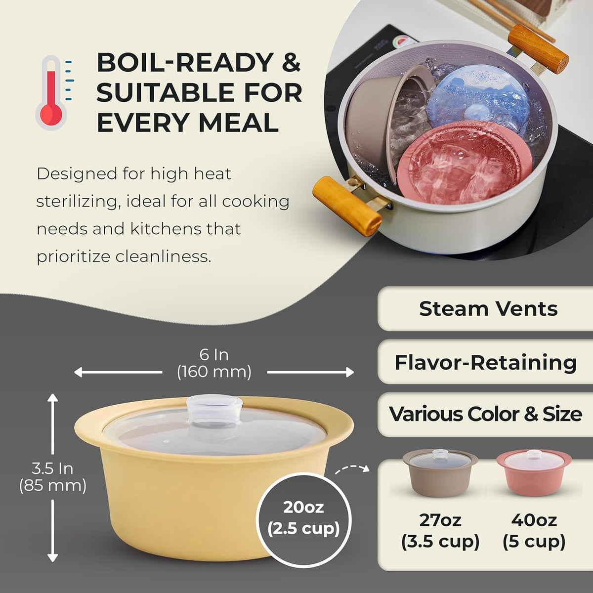 20oz Platinum Silicone Microwave Steamer Pot with Handle & Lid - Korea 100% Food-Grade Steamer Bowl, Heat-Resistant Cooker with Steam Holes, Easy Clean, Dishwasher Safe, Yellow