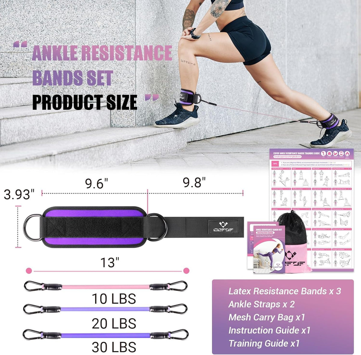 Ankle Resistance Bands with Cuffs, Leg Exercise Equipment with Poster