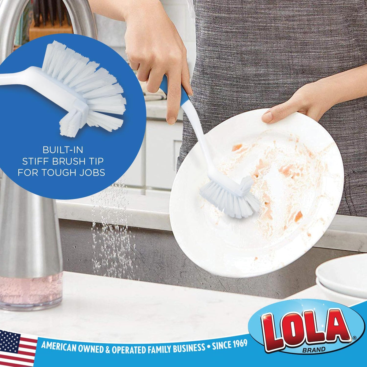 Lola Products Pro Utility All Purpose Kitchen Cleaning Brush, Durable Bristles, Comfort Ergonomic Rubber Non-Slip Grip, Built-in Food Scraper, 2 Pack