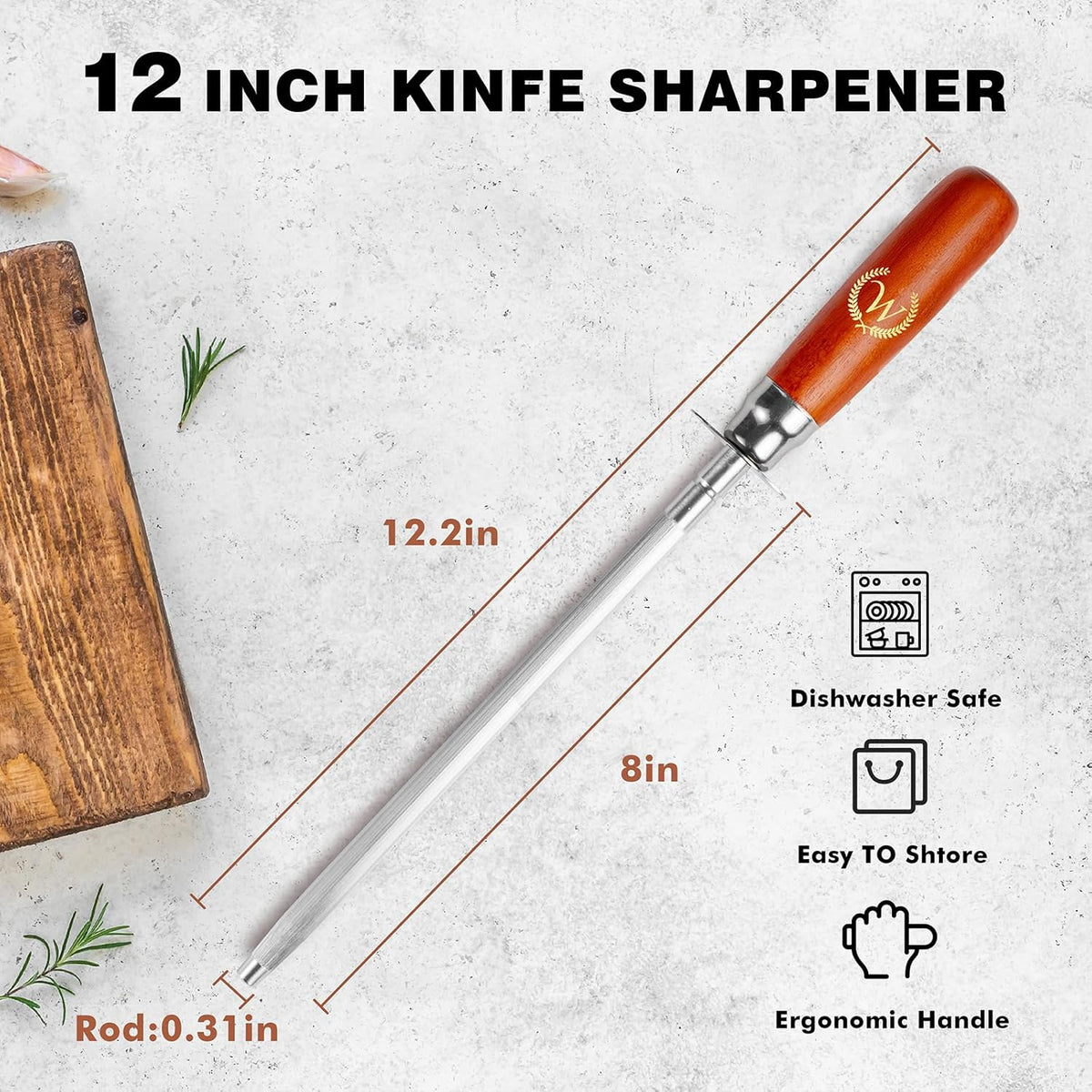 Knife Sharpener Rod, Kitchen Knives Sharpener Carbon Steel Professional Knife Sharpening Steel, Honing Rod with Hanging Holes (13 inches), W