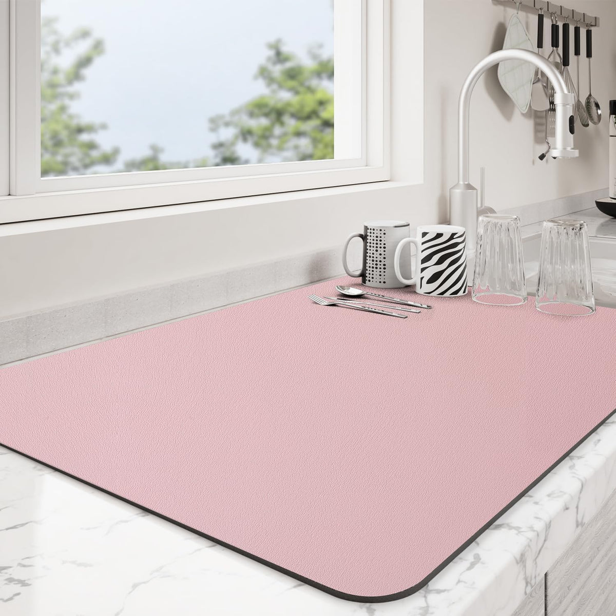 Dish Drying Mat for Kitchen Counter | Coffee Bar Mat for Countertops | Heat Resistant Drainer Mat with Non-slip Rubber Backed | Hide Stain Kitchen Absorbent Draining Mat | Pink 16"x18"