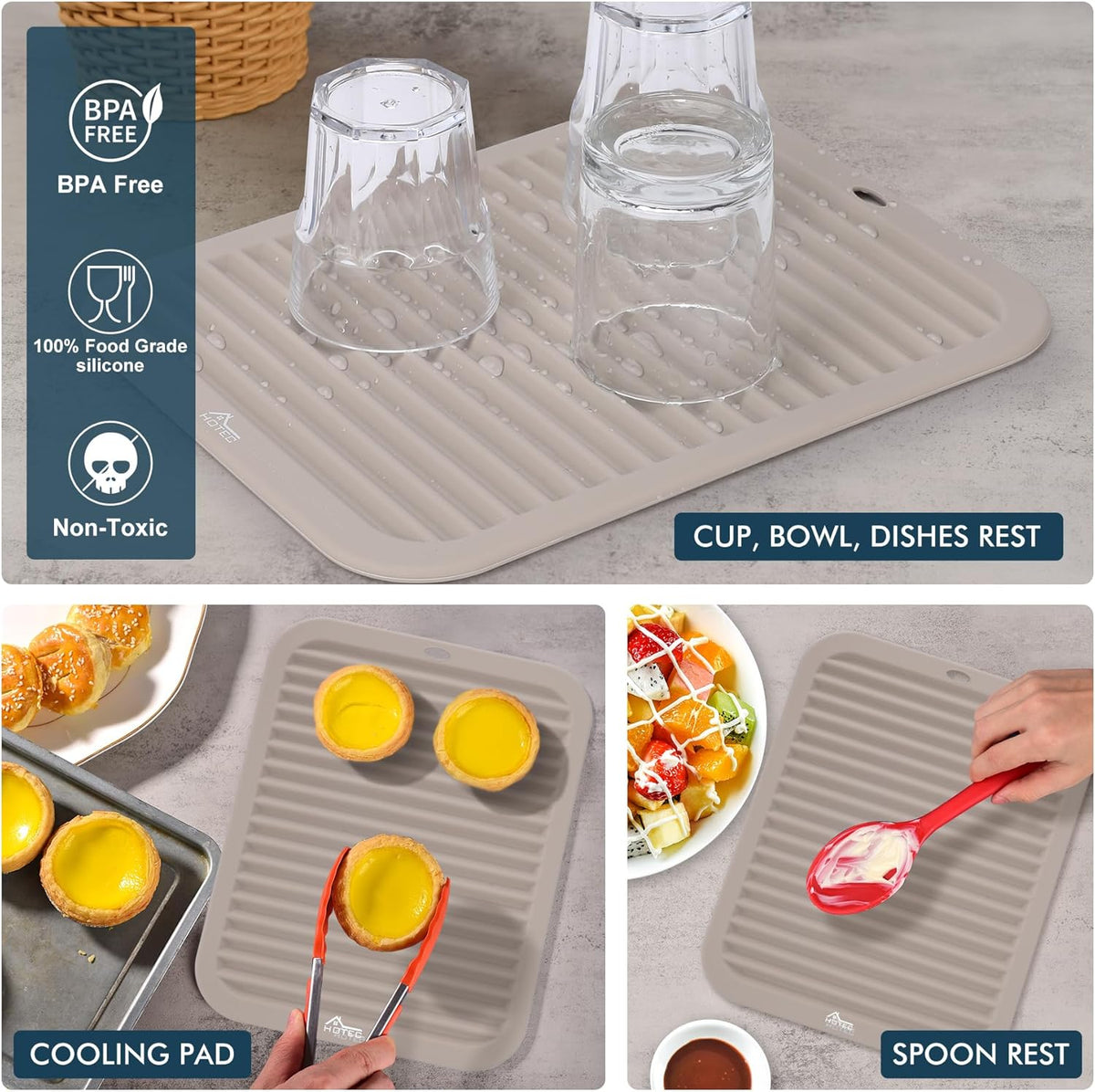 HOTEC 446℉ Heat Resistant Silicone Trivets, Hot Pot Holder Rest, Multi-Purpose Hot Pads for Kitchen Counter &Table, Set of 2, Khaki