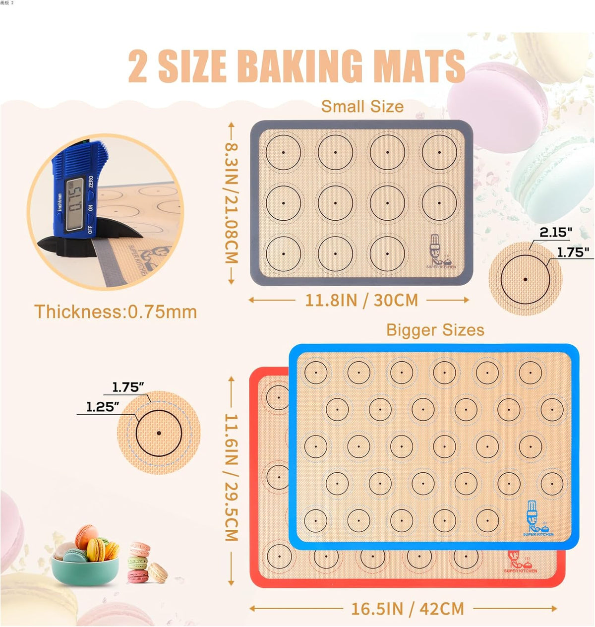 Silicone Baking Mat Macaron - Set of 3 (2 Half Sheet Liners and 1 Quarter Sheet), Non Stick Silicon Cookie Oven Liner For Macaroons, Bake Pans, Pizza, Toaster, Cake and Bread Making (Red,Blue,Gray)
