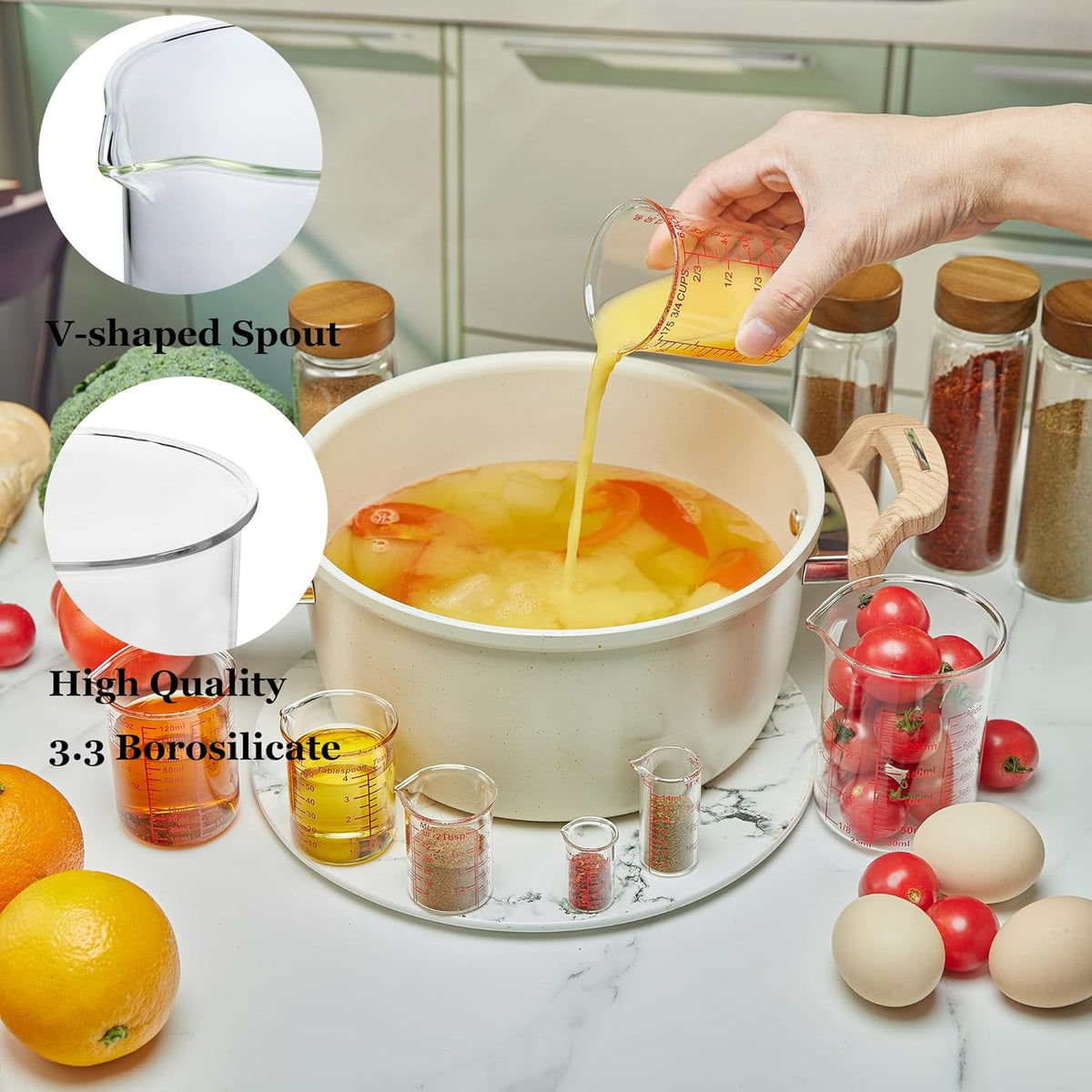 Ackers 7-Piece Glass Measuring Cup Set, Borosilicate Beaker Style Nesting Liquid Measuring Cups